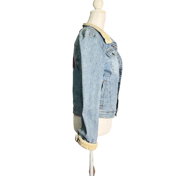 Y2K Tommy Jeans Womens Sherpa Denim Jacket Peace Sign Trucker Vtg Grunge Medium - Picture 4 of 11
